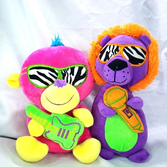 Kellytoy Other - Neon Rainbow Rockin Monkey & Neon Purple Rockin Lion Plush Set Black Light Fun